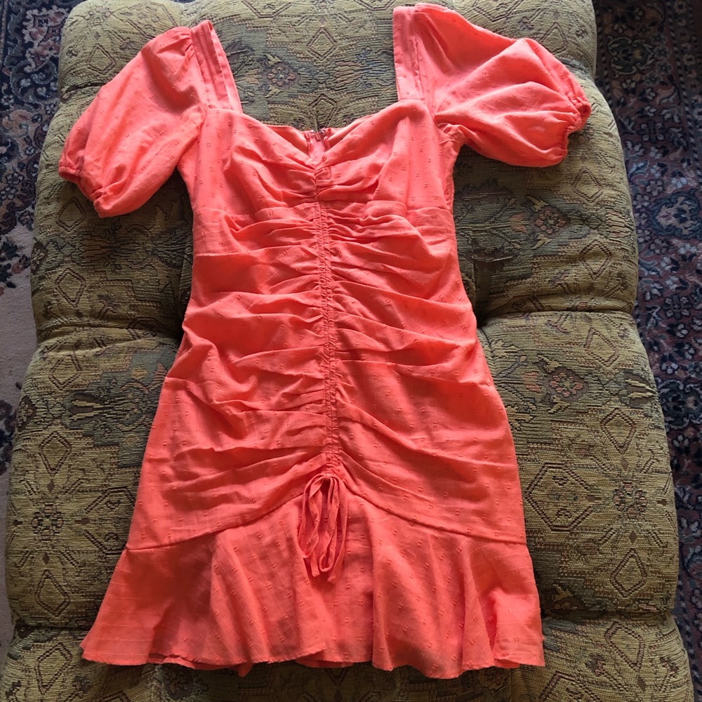 City Studio Coral Orange Mini Dress Size 3 XS Puff Sleeve Ruching Swiss Dot